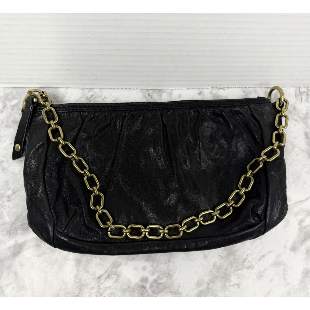 Vintage Fossil Black Leather Hobo Shoulder Bag With Key Bag Gold Hardware Y2K